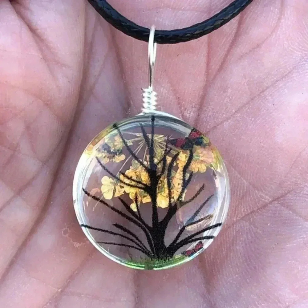 Yellow Circle Real Flower Glass Tree Butterfly Necklace NWT